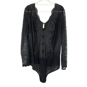 Cacique Floral Lace Sheer Bodysuit Black 26 Whimsical Fairy Feminine Goth Sexy